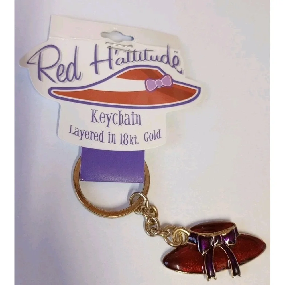 RED HATTITUDE Keychain Red Hat Society Layered in 18 kt. Gold Hat & Bow NEW